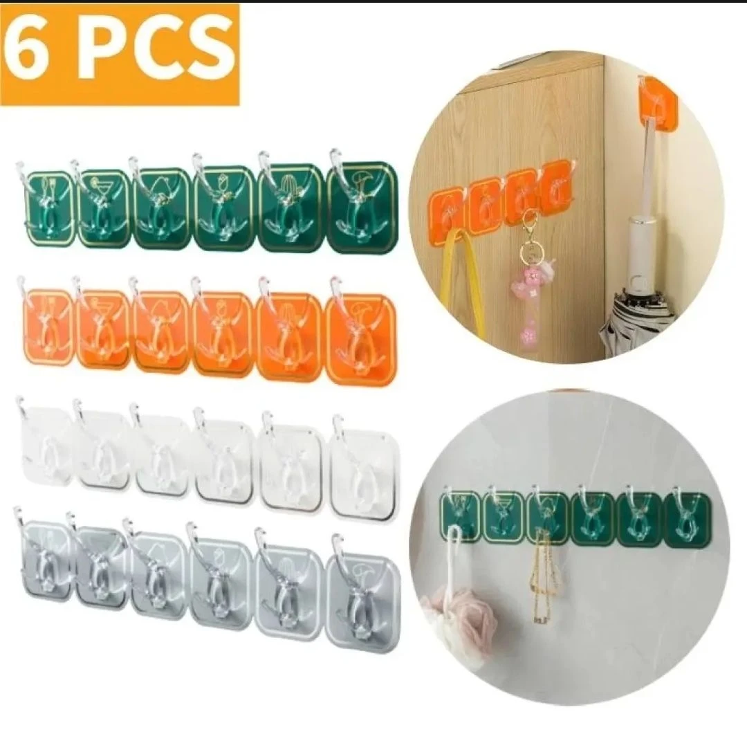 6pcs Cuttable Hook Set - Self-Adhesive Key, Necklace, Towel, and Bath Ball Hanger