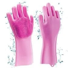 One Pair of Silicone Dish Washing Kitchen Hand Gloves- Multicolor.